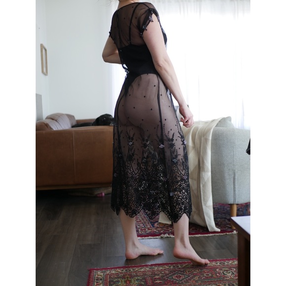 Sheer Black Slip Dress Vintage Swiss Dot Lace Applique Beaded Detailing Unlined - Picture 6 of 12